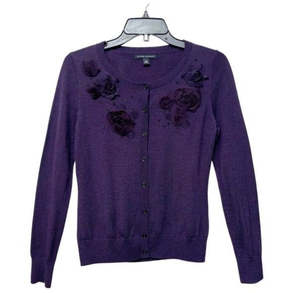 Banana Republic Merino Wool Purple Sweater With Floral Appliqué & Bead Detail S